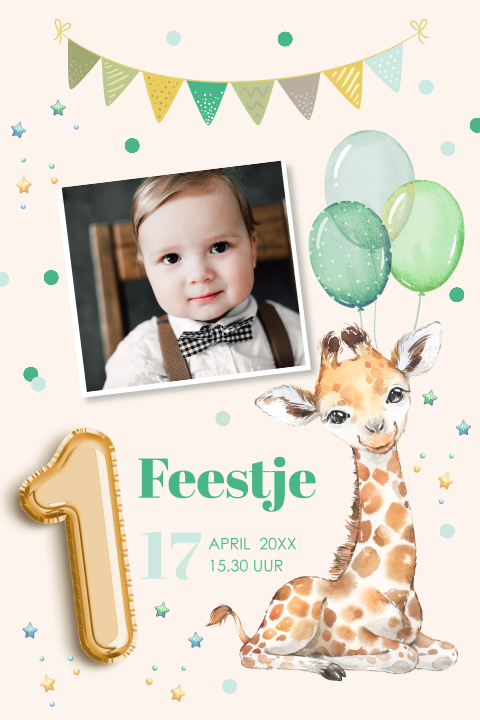 Uitnodiging kinderfeestje 1 jaar foto giraffe ballonnen jongen