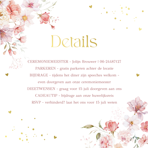 Extra informatie kaartje trouwkaart bloemen roze kalkpapier