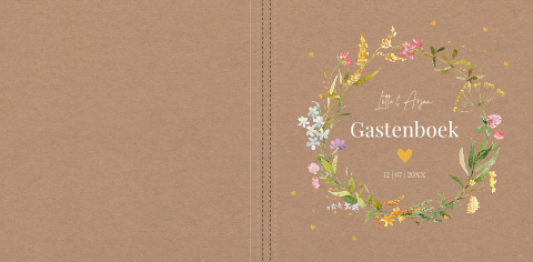 Gastenboek bruiloft kraftlook bloemenkrans geel