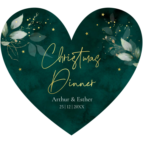 Kerstdiner uitnodiging hartje vorm groen bladeren goudfolie