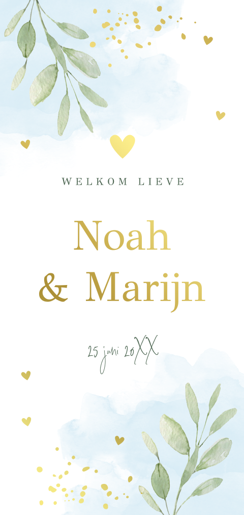 Geboortekaartje tweeling jongens watercolour blaadjes goudfolie