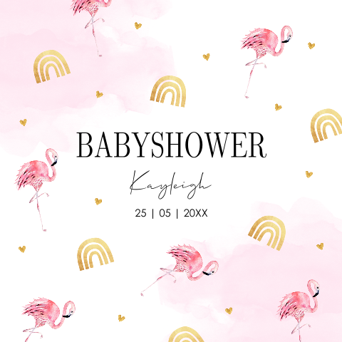 Babyshower uitnodiging roze flamingo's regenboogjes goudlook