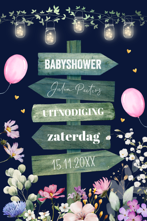 Babyshower uitnodiging houten wegwijzer bloemen lampjes