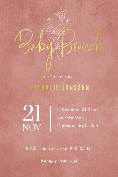 Uitnodiging babyshower terracotta goudfolie typografie