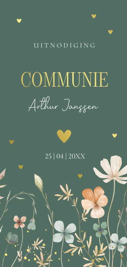 Communie uitnodiging jongen langwerpig groen bloemen goudfolie