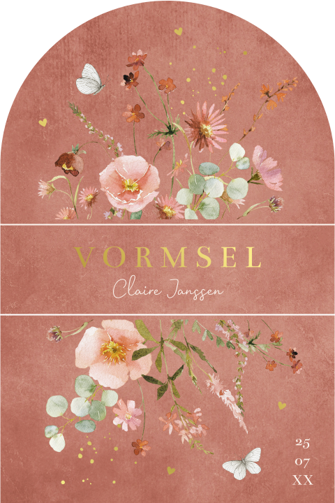 Uitnodiging vormsel meisje boog aquarel bloemen rosegoudfolie
