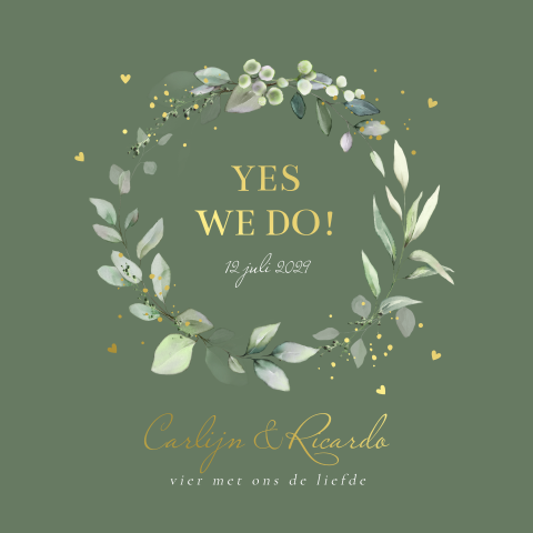 Stijlvolle trouwkaart groen botanisch krans bladeren goudfolie