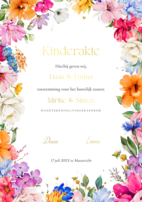 Kinderakte huwelijk fluerige bloemenkrans goudfolie