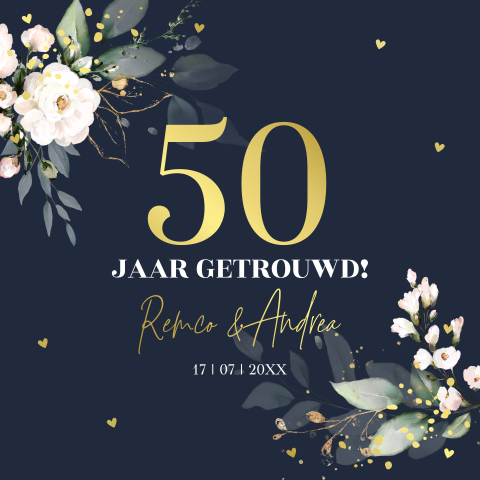 Jubileum uitnodiging 50 jaar getrouwd bloemen blauw goudfolie
