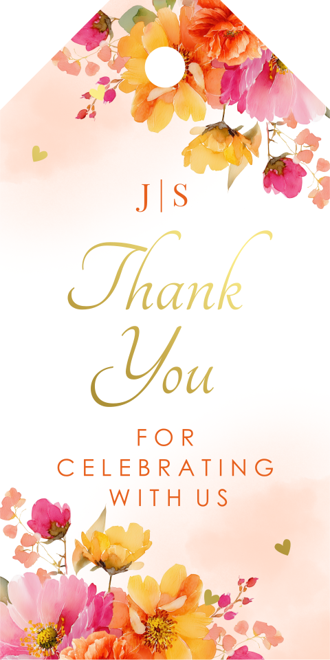 Bruiloft labeltje pink orange bloemen goudfolie | 18 stuks