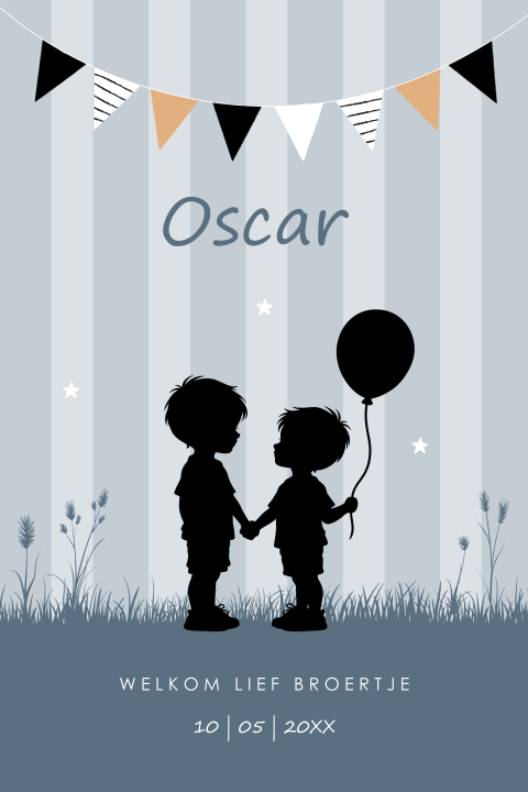 Geboortekaartje met silhouet broertje en grote broer ballon blauw