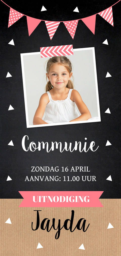Uitnodiging communie meisje langwerpig eigen foto slinger