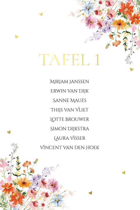 Tafelkaart gekleurde bloemen rood roze goudfolie gastenindeling