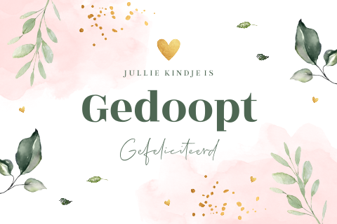 Felicitatie doop meisje botanisch waterverf roze bladeren