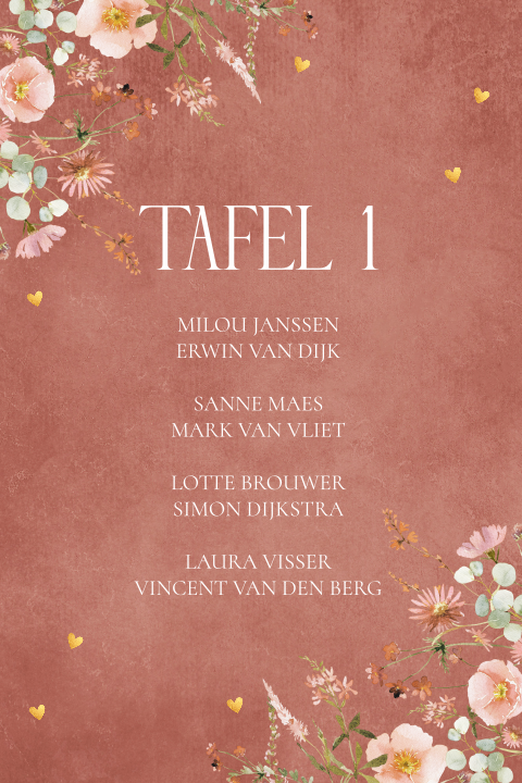 Tafelkaart terracotta roze watercolour bloemen
