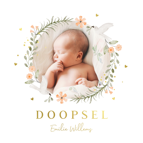 Doopkaart meisje foto bloemen vogels goudfolie