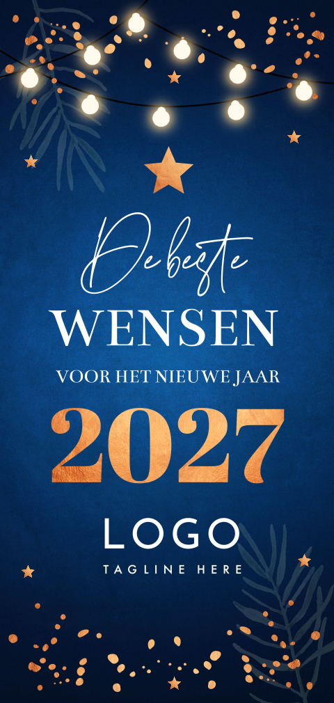 Zakelijke nieuwjaarskaart blauw langwerpig lampjes koperlook 2027