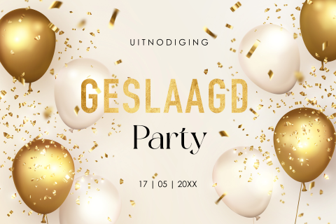 Uitnodiging geslaagd examen feest ballonnen goud look