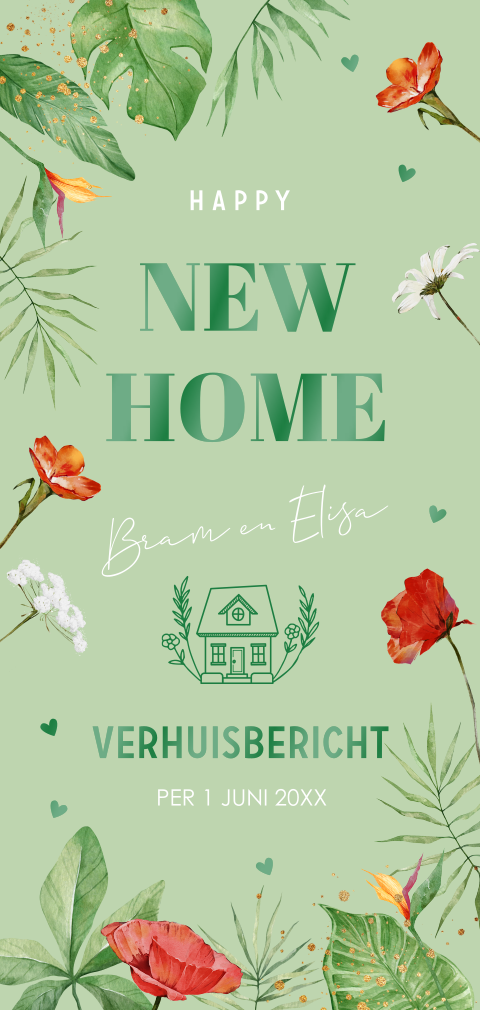 Verhuiskaart langwerpig groen bladeren bloemen huisje hoogglans