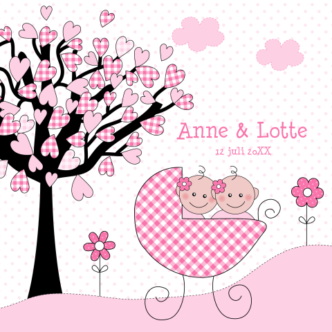 Geboortekaartje tweeling meisjes baby kinderwagen roze