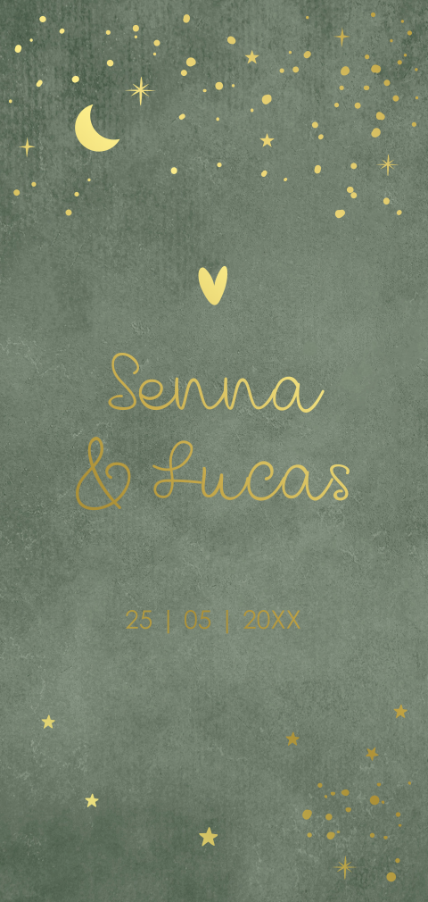 Geboortekaartje tweeling langwerpig groen goudfolie