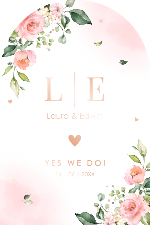Trouwkaart bloemen roze boog waterverf rozen rosegoudfolie