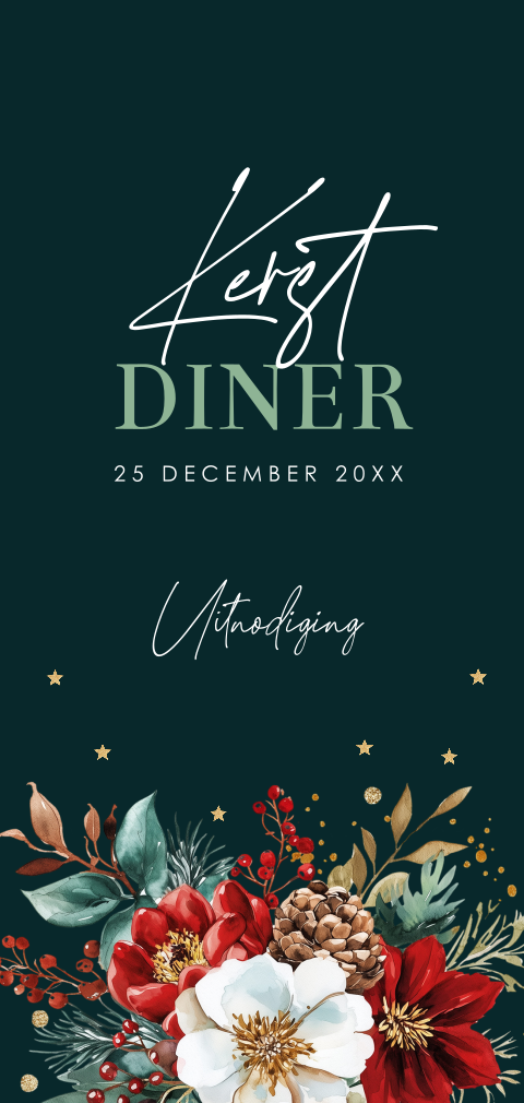 Kerstdiner uitnodiging langwerpig groen kersttakjes bloemen
