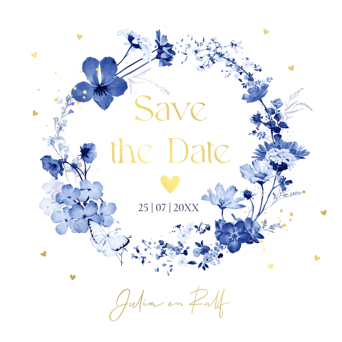 Save the Date kaart donkerblauw floral krans bloemen goudfolie