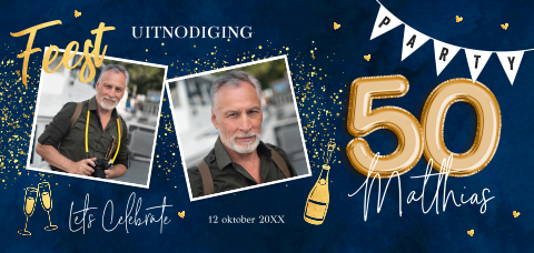 Uitnodiging verjaardag 50 jaar foto blauw man slinger feest