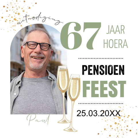 Pensioen uitnodiging wit groen eigen foto champagneglazen man