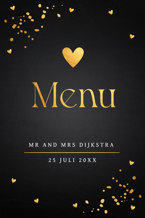 Menukaart zwart krijtbord confetti goudlook