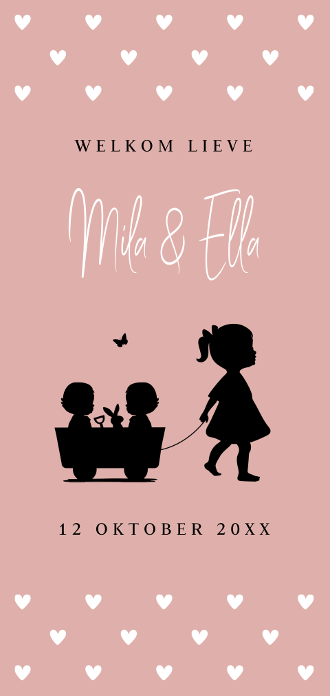 Geboortekaartje tweeling meisjes en grote zus silhouet roze