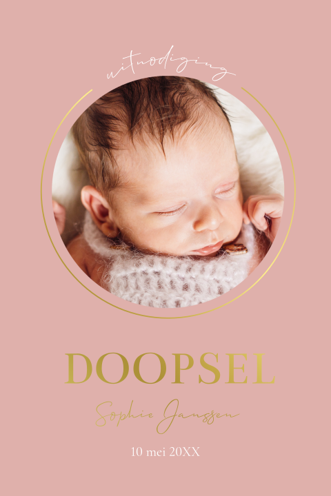 Doopkaart meisje roze foto rond goudfolie