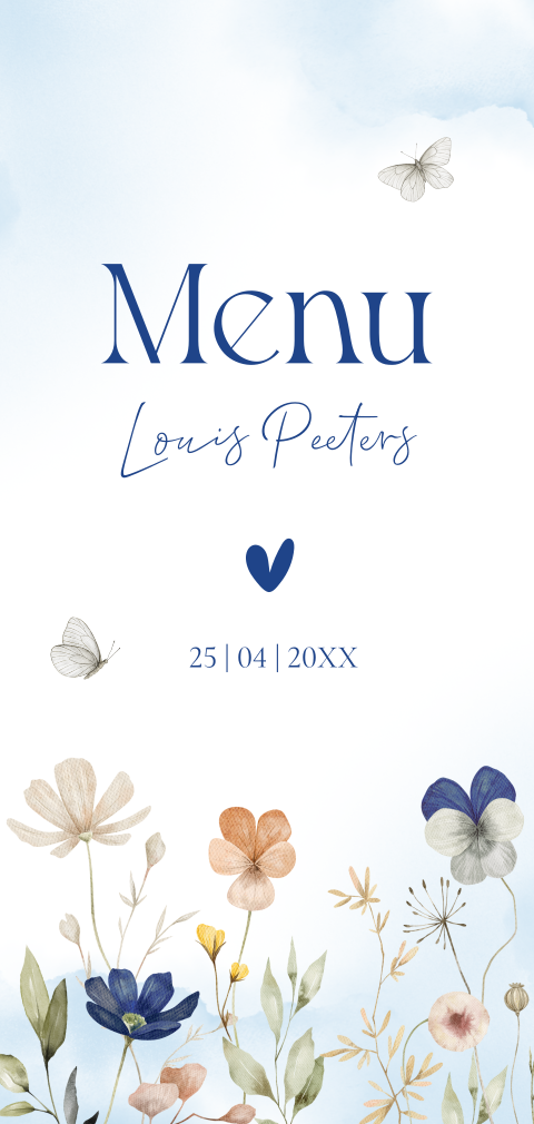 Menukaart communie bloemen blauw jongen vlinders