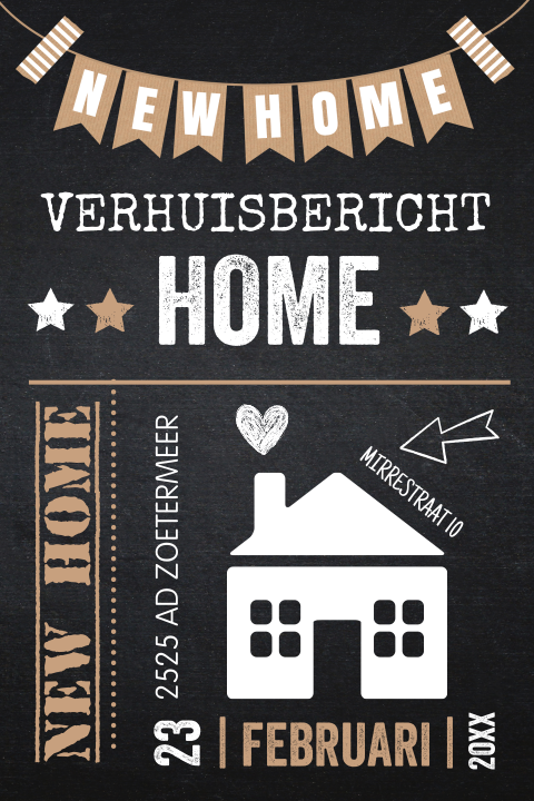 Verhuiskaart zwart tekst huisje slinger New Home