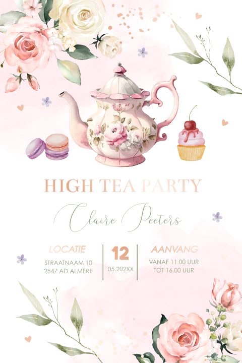 High Tea uitnodiging roze bloemen theepot rosegoudfolie