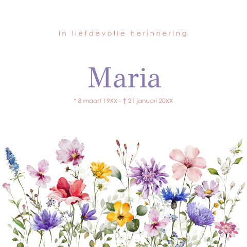 Rouwkaart vrouw kleurrijke veldbloemen watercolour