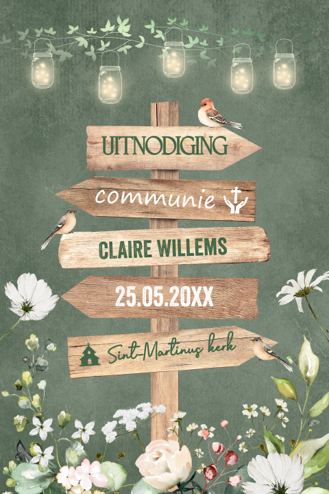 Communiekaart meisje groen wegwijzer hout lampjes bloemen