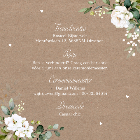 Inlegkaartje trouwkaart bloemen wit met kraftlook