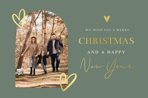 Luxe kerstkaart met foto groen hartjes goudfolie