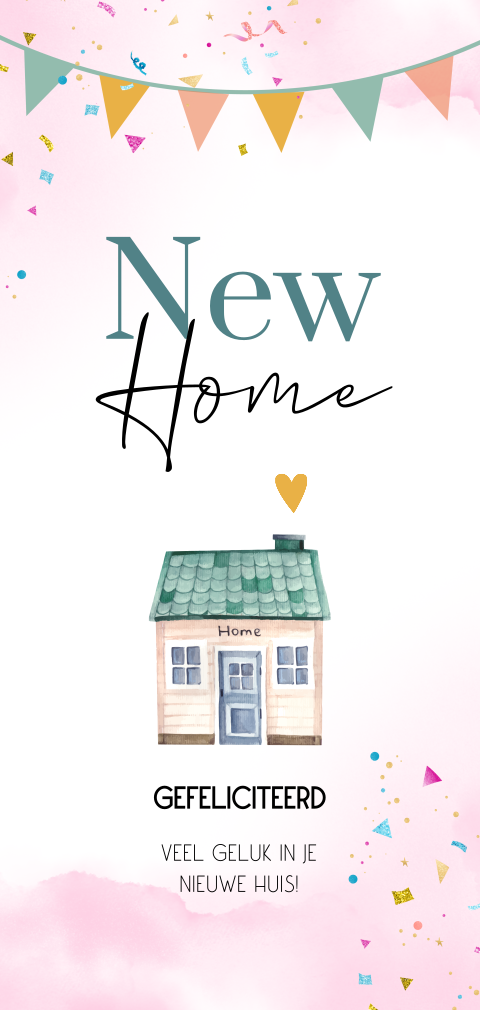 Felicitatie kaart nieuwe woning huis watercolour slinger langwerpig
