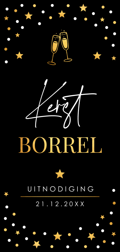 Kerstborrel uitnodiging zwart goudlook confetti