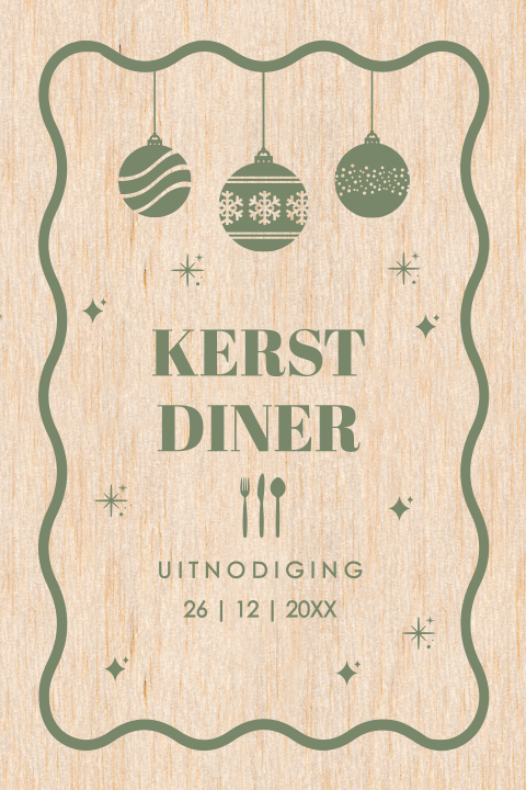 Kerstdiner uitnodiging echt hout golvend kader kerstballen groen