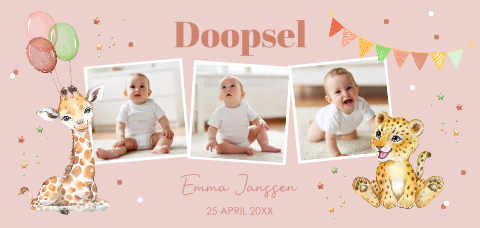 Doop uitnodiging meisje foto roze safari dieren