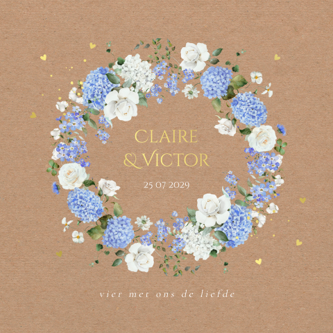 Trouwkaart landelijk bloemen blauw wit kraftlook goudfolie