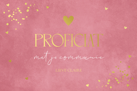 Felicitatie communie meisje roze hartjes spetters goudfolie