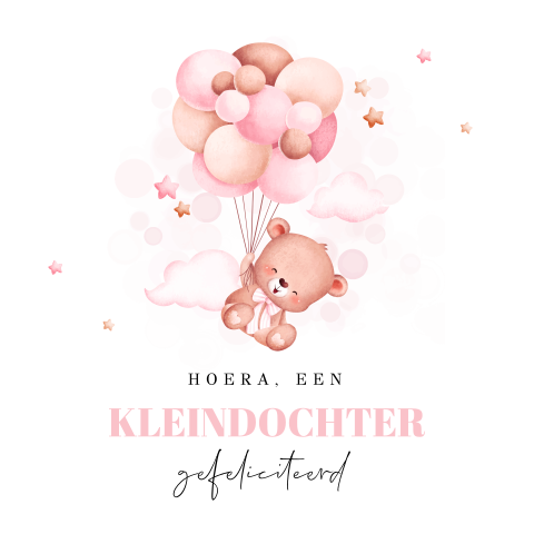 Felicitatie kleindochter met lief beertje en ballonnen roze