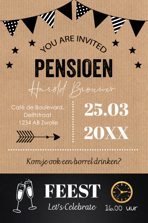Pensioen uitnodiging typografie kraft slinger icoontjes