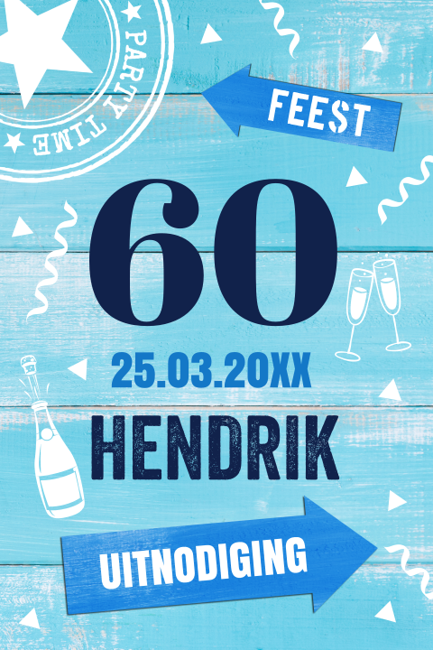 Uitnodiging verjaardag 60 jaar blauw man houtlook confetti