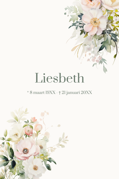 Rouwkaart mooie watercolour bloemen wit groen bladeren vrouw
